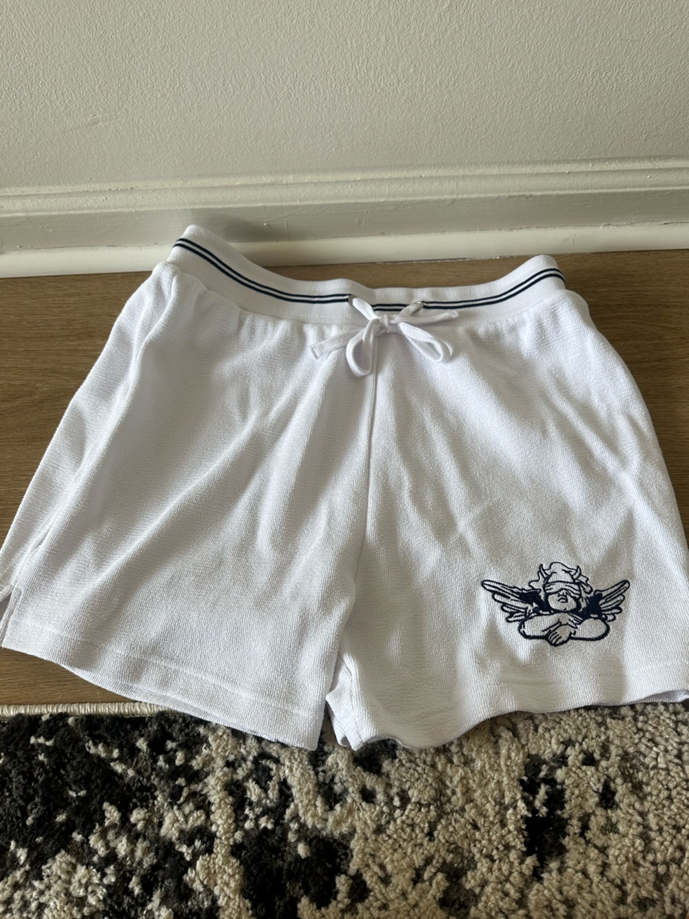 Boys Lie White Athletic Shorts with Navy Trim and Angel Patch